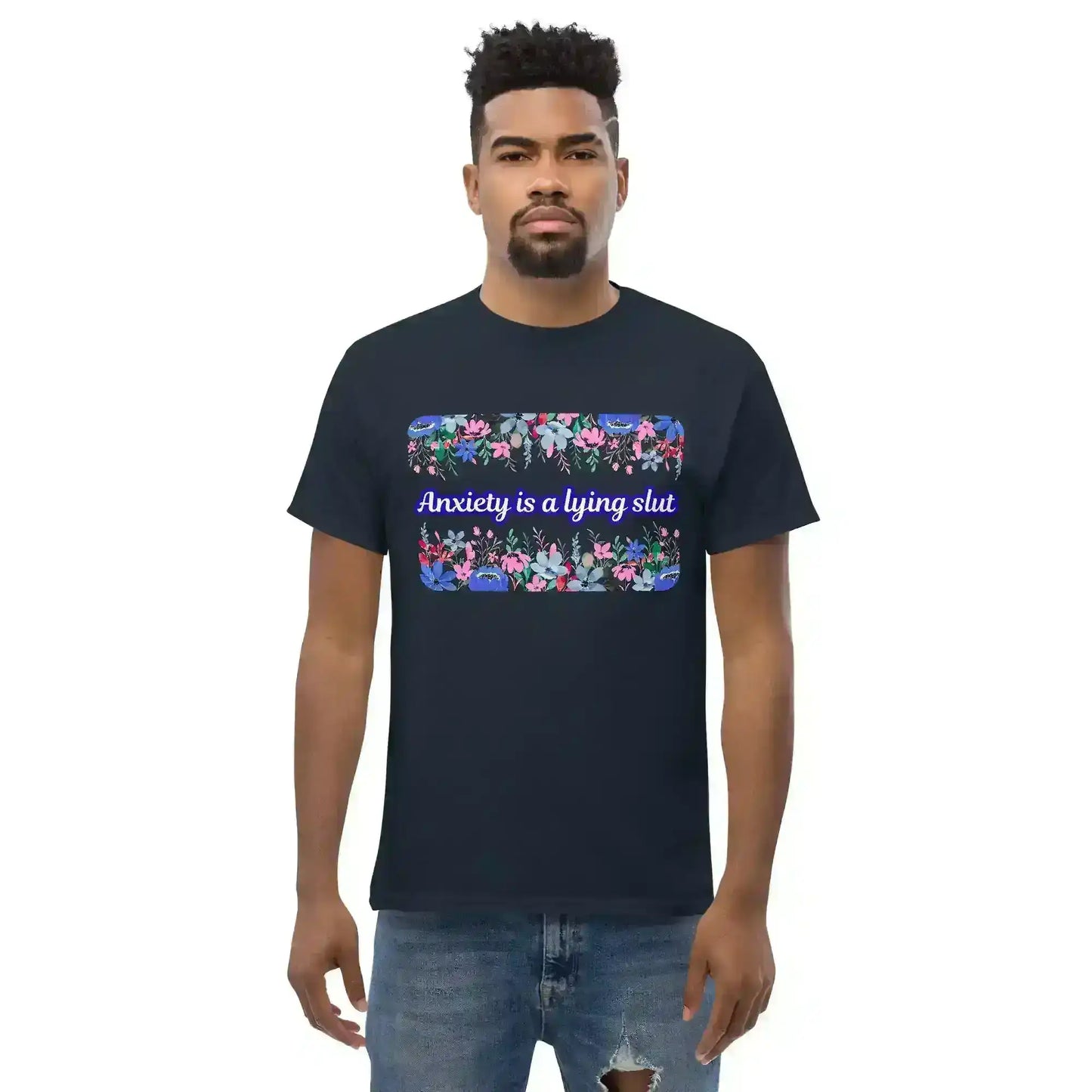Unisex navy graphic tee with floral block and bold attitude text from Cady Creations