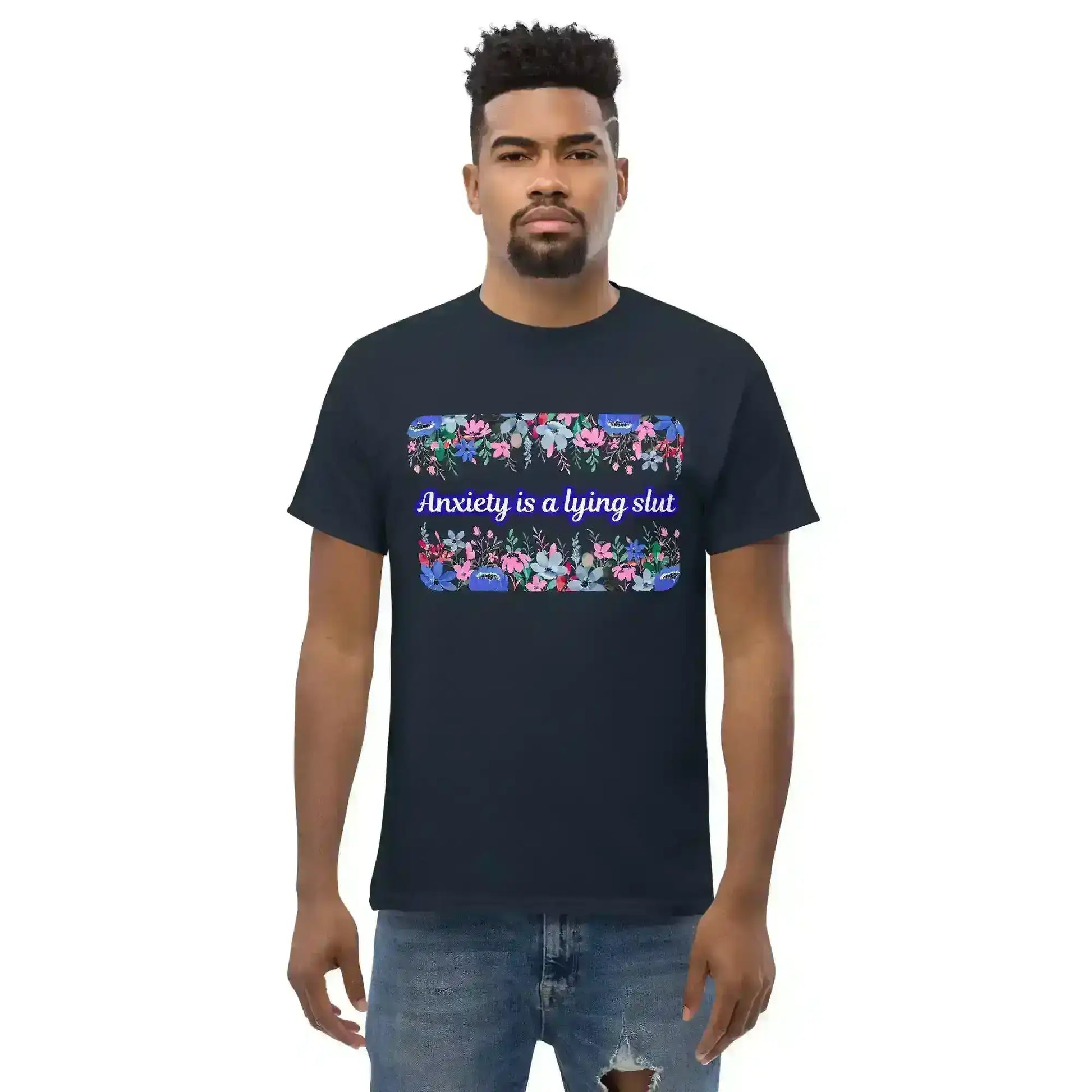 Unisex navy graphic tee with floral block and bold attitude text from Cady Creations