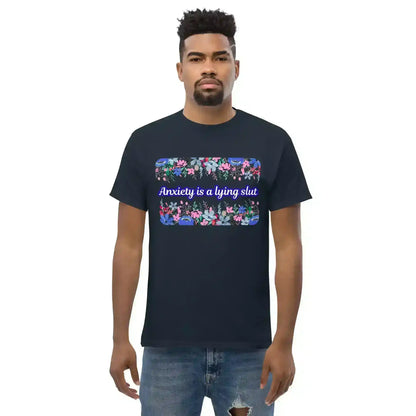 Unisex navy graphic tee with floral block and bold attitude text from Cady Creations