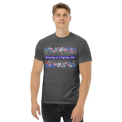 Unisex dark heather graphic tee with bold floral design and anxiety quote by Cady Creations