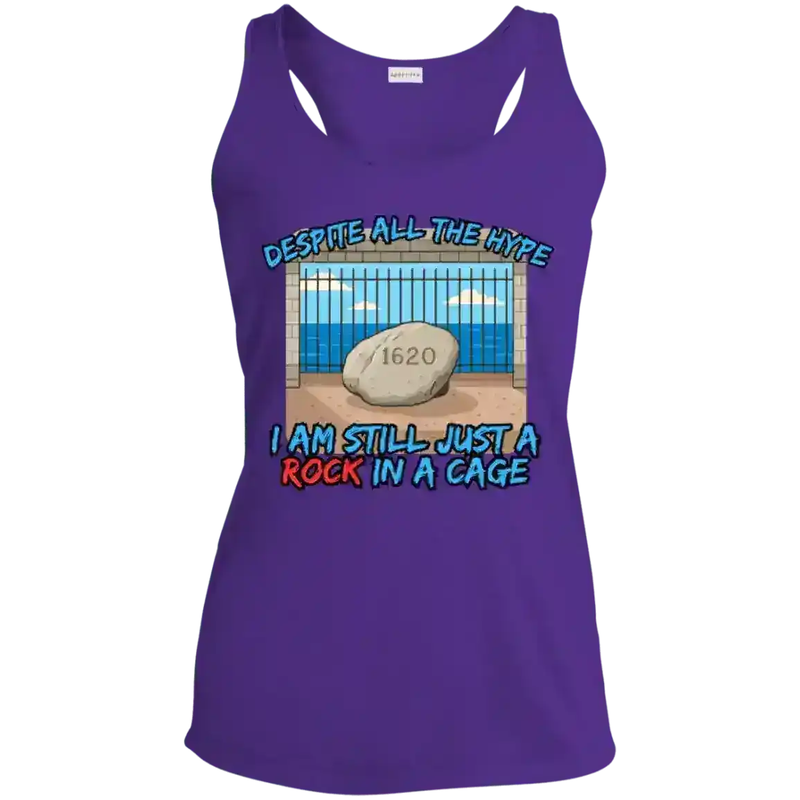 Despite All The Hype I Am Still Just A Rock In A Cage Plymouth Rock Humor Racerback Tank - Cady Creations