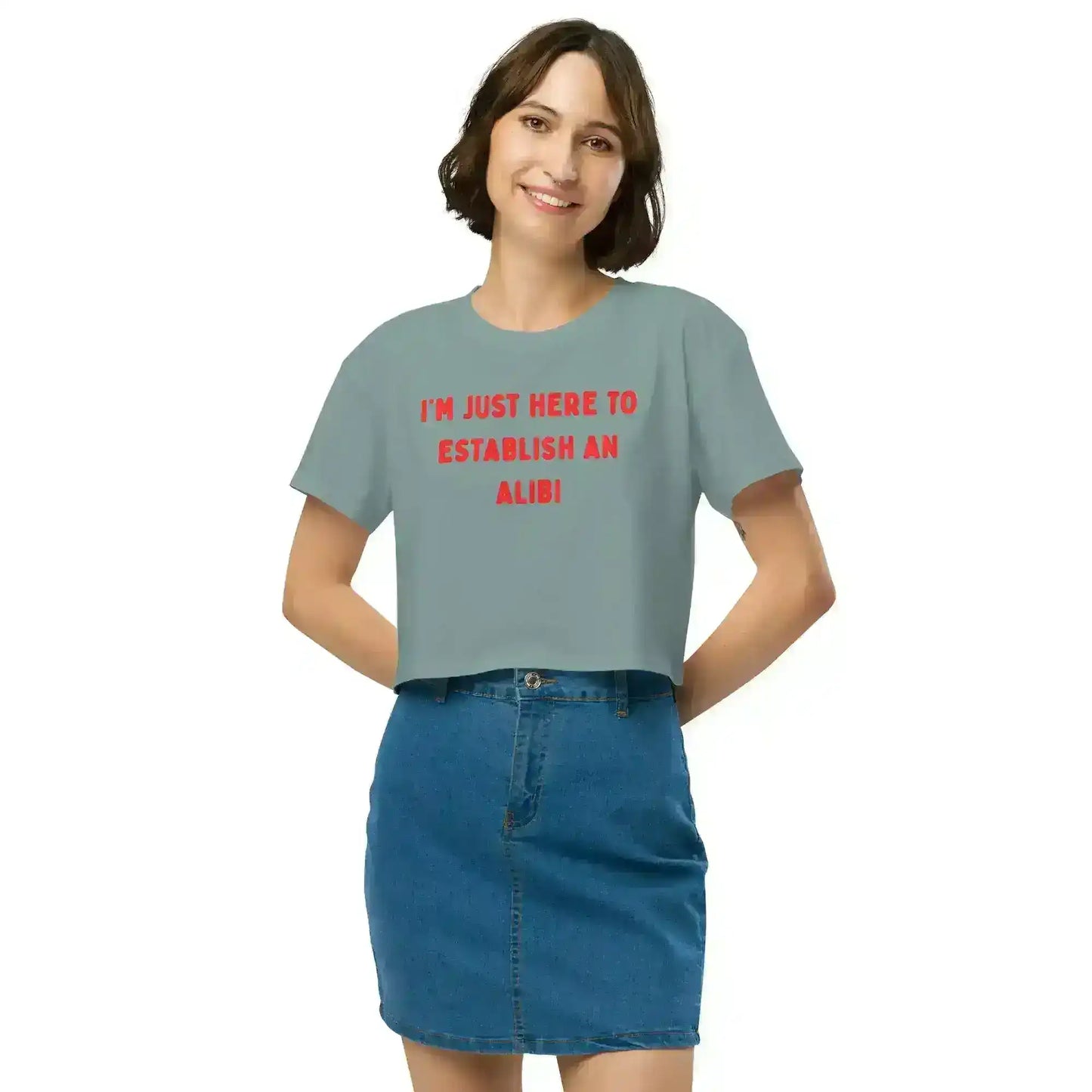Establishing An Alibi True Crime Cropped Graphic Tee - Cady Creations