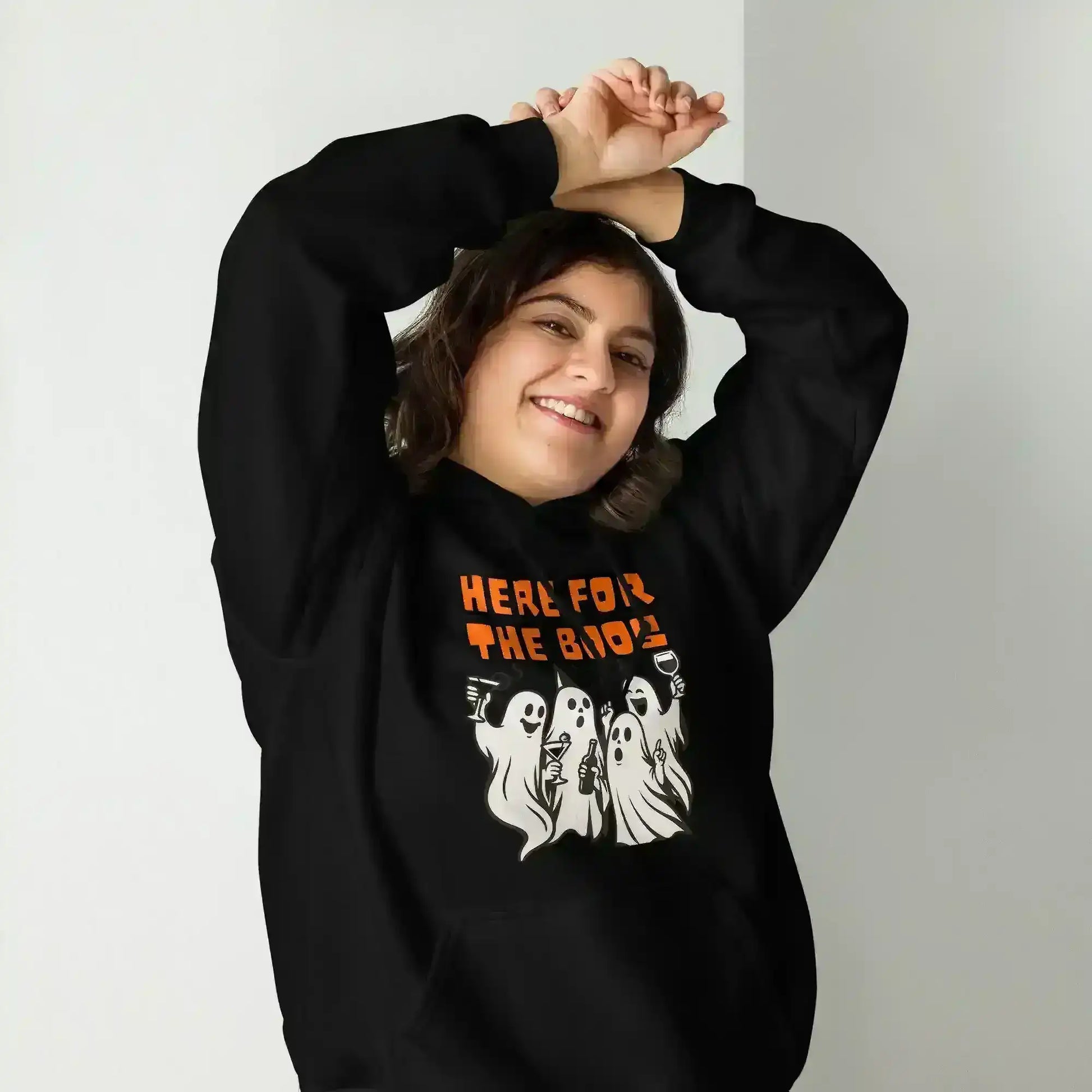 Here For The Boos Pullover Hoodie - Halloween Drinking Humor - Cady Creations