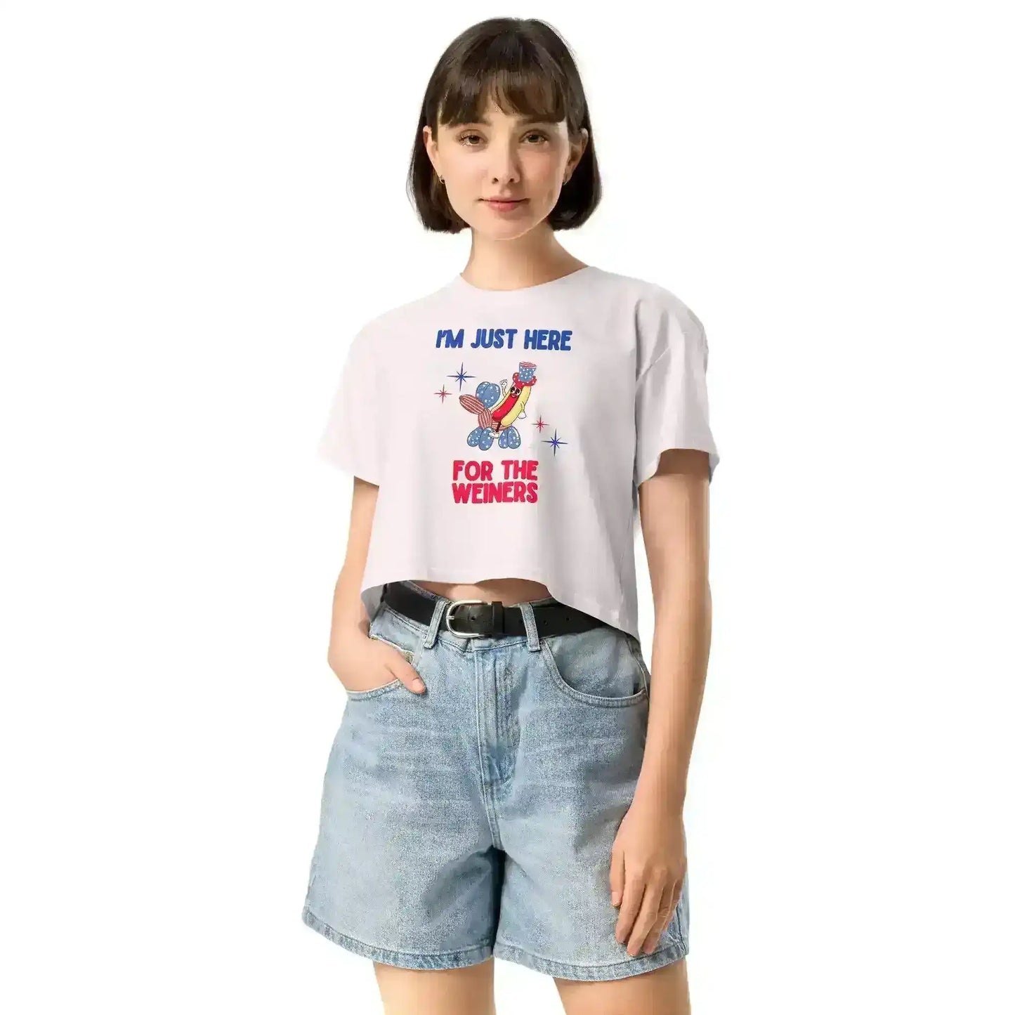 I'm Just Here For The Weiners Patriotic Hot Dog Cropped Graphic Tee - Cady Creations