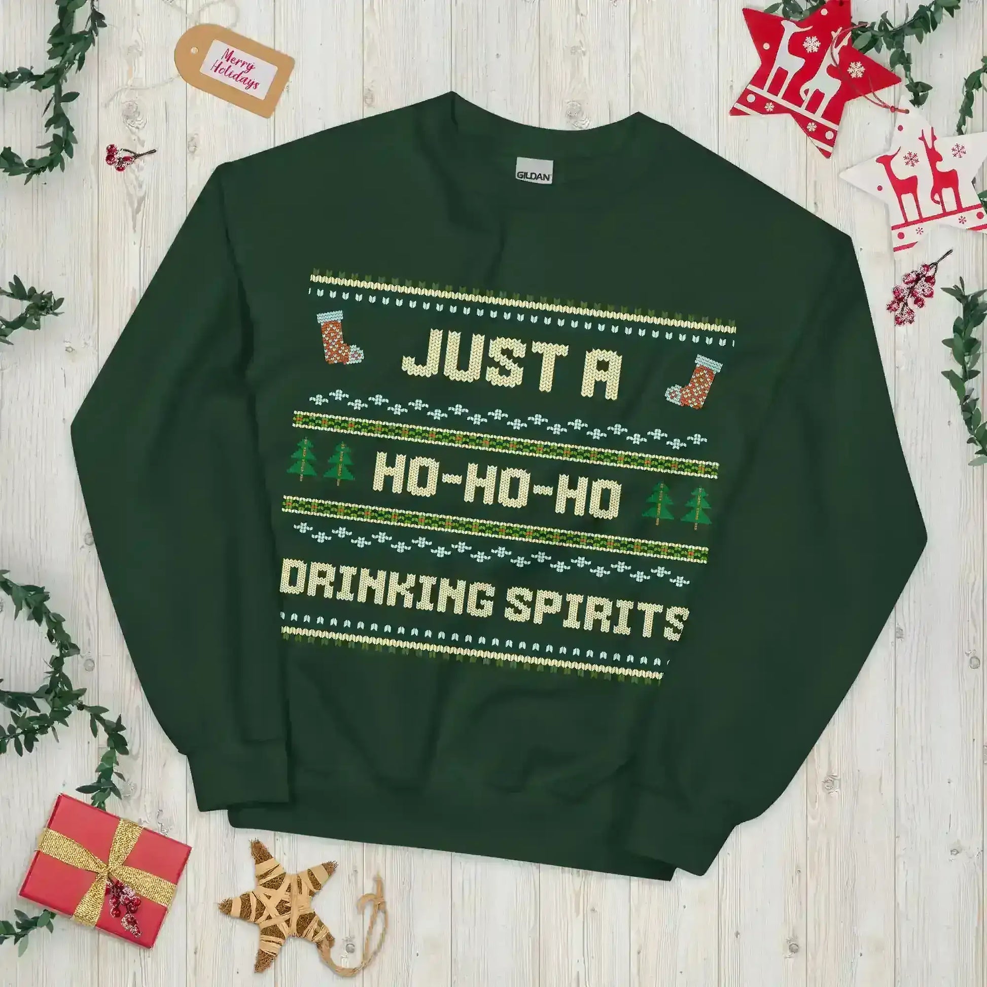 Just A Ho-Ho-Ho Drinking Spirits Ugly Christmas Unisex Sweatshirt - Cady Creations
