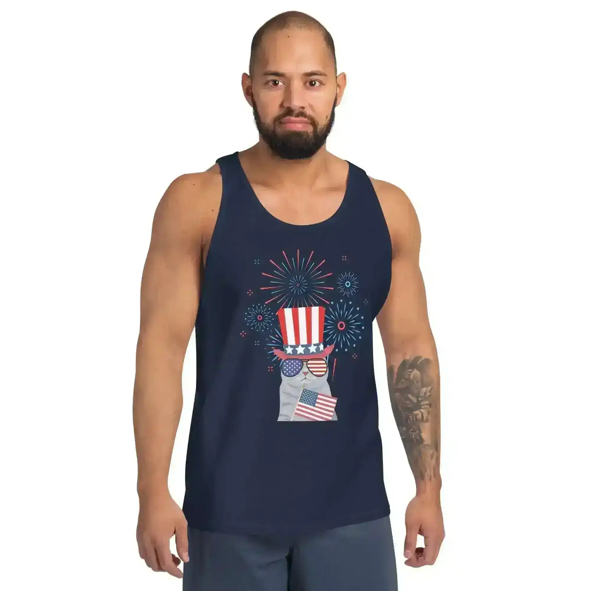 Patriotic Fireworks July 4th America Cat Men's Tank Top - Cady Creations