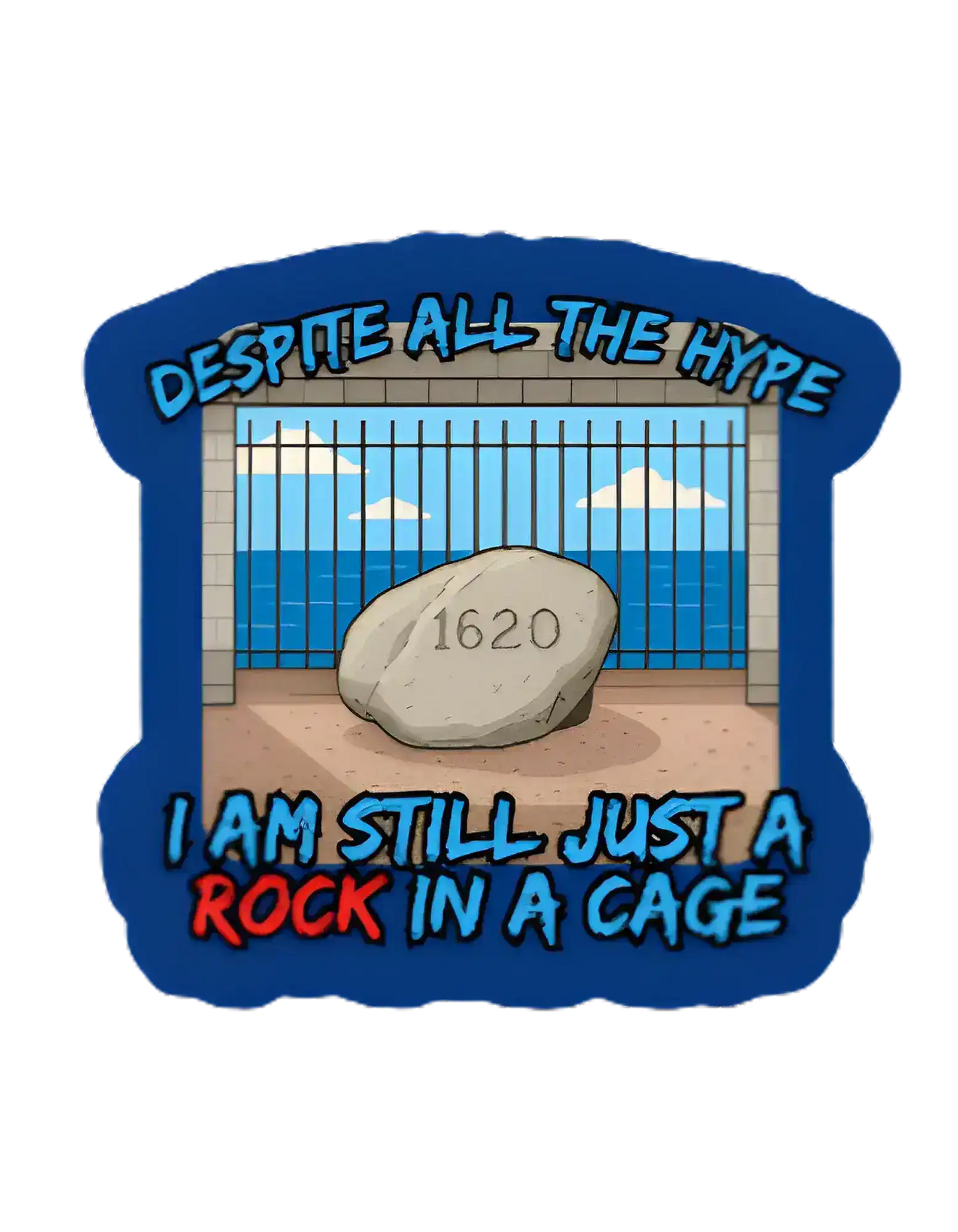 Rock in a Cage Vinyl Sticker | Plymouth Rock Funny History Sticker