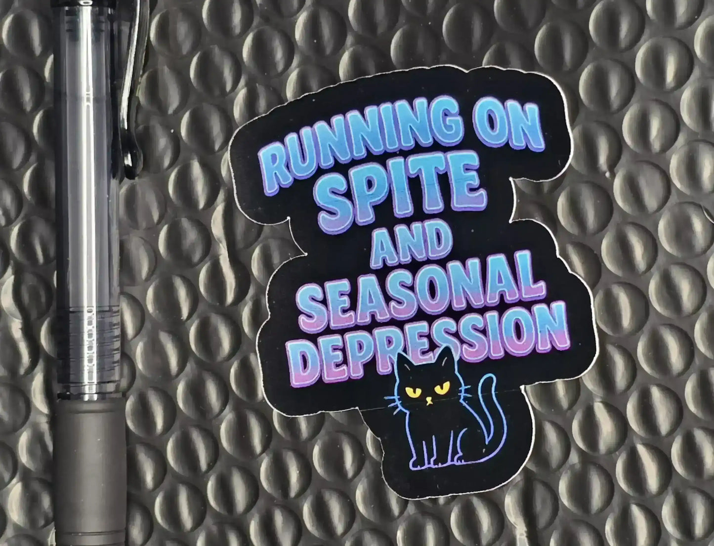 Running on Spite and Seasonal Depression Sticker | Funny Cat Holographic Option - Cady Creations
