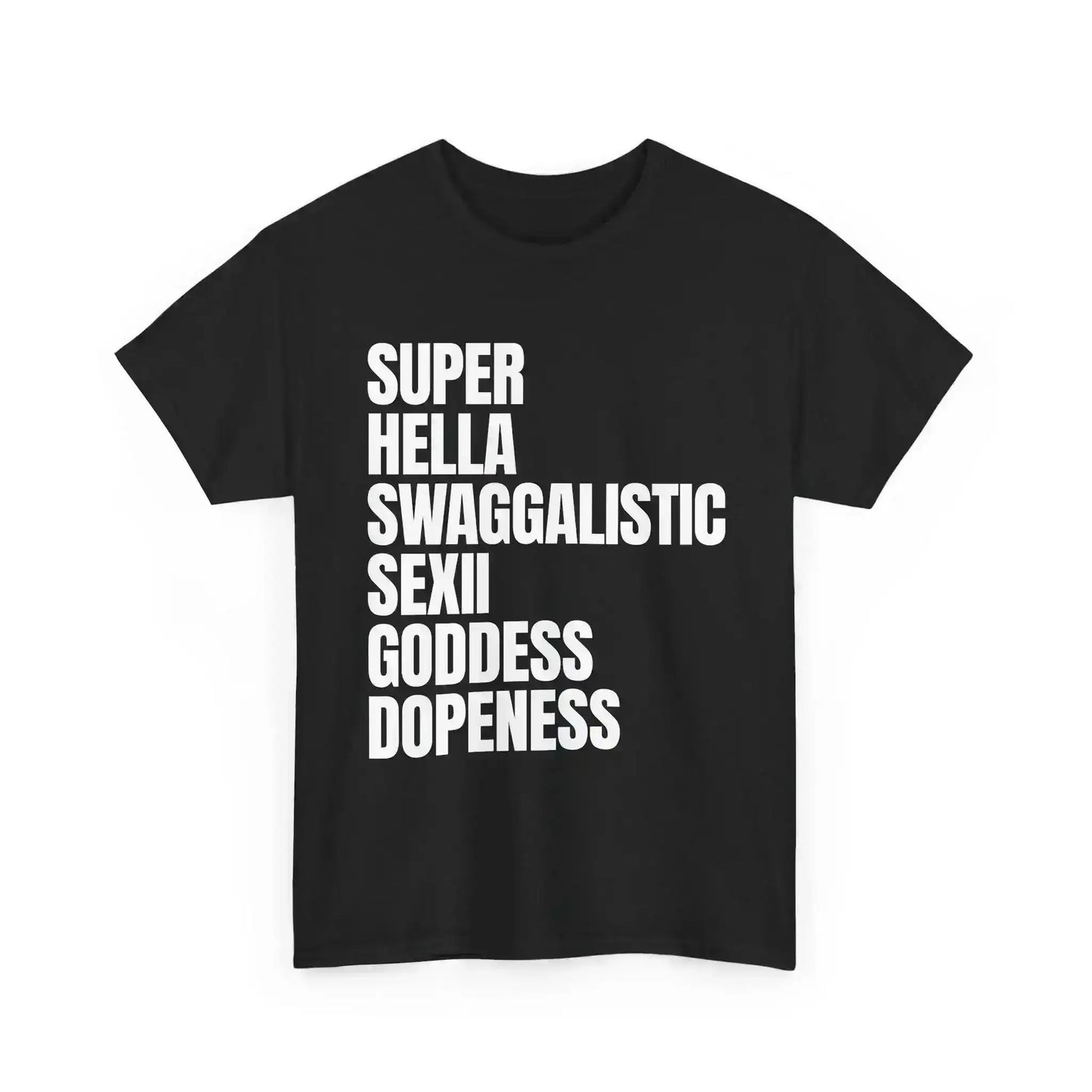 Black t-shirt with white text on a white background