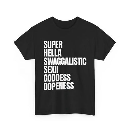 Black t-shirt with white text on a white background