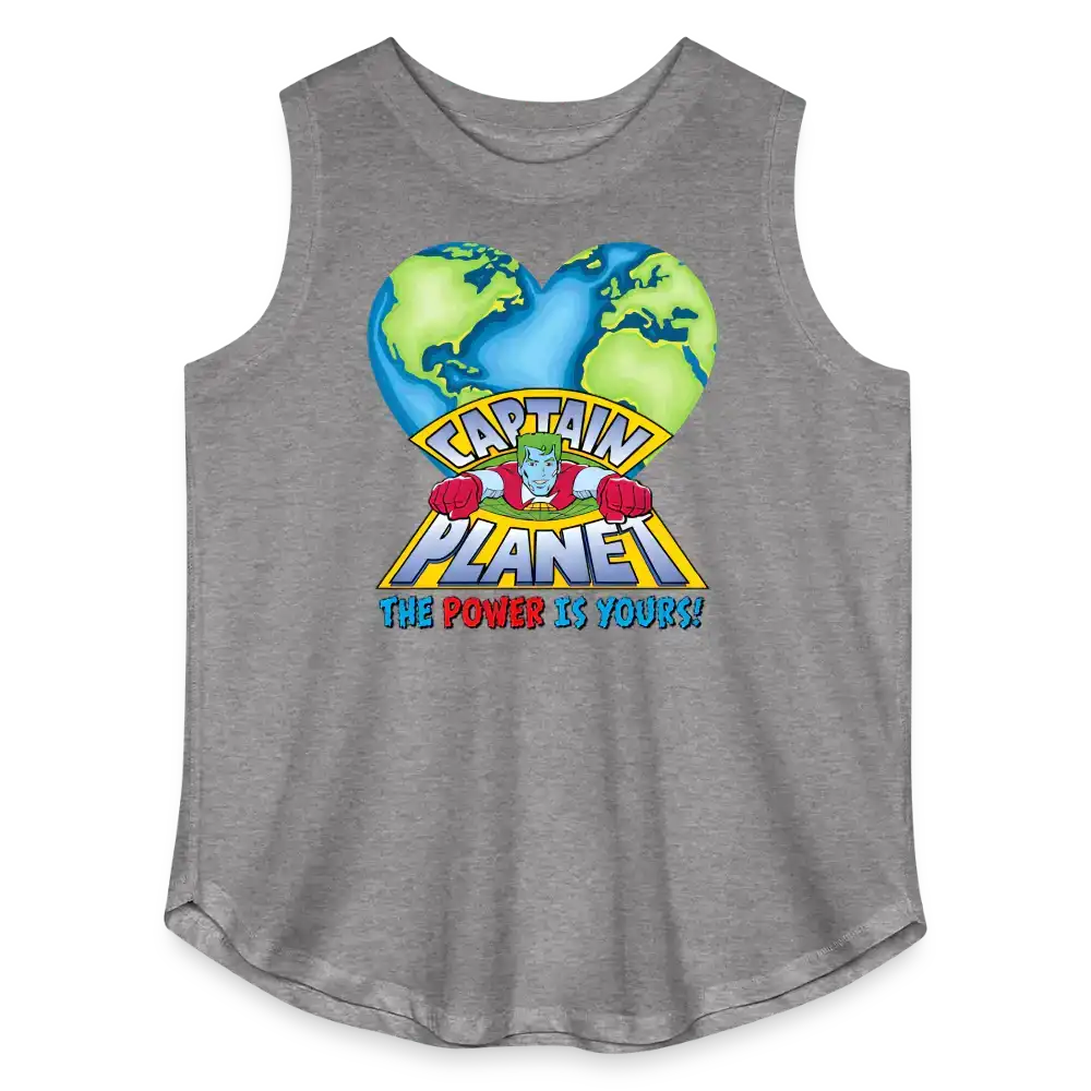 Gray sleeveless tee with Captain Planet graphic, heart-shaped earth, and slogan 'The Power Is Yours!'
