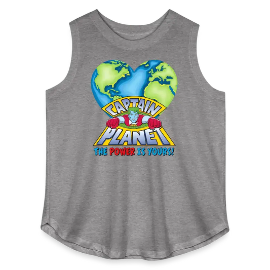 Gray sleeveless tee with Captain Planet graphic, heart-shaped earth, and slogan 'The Power Is Yours!'