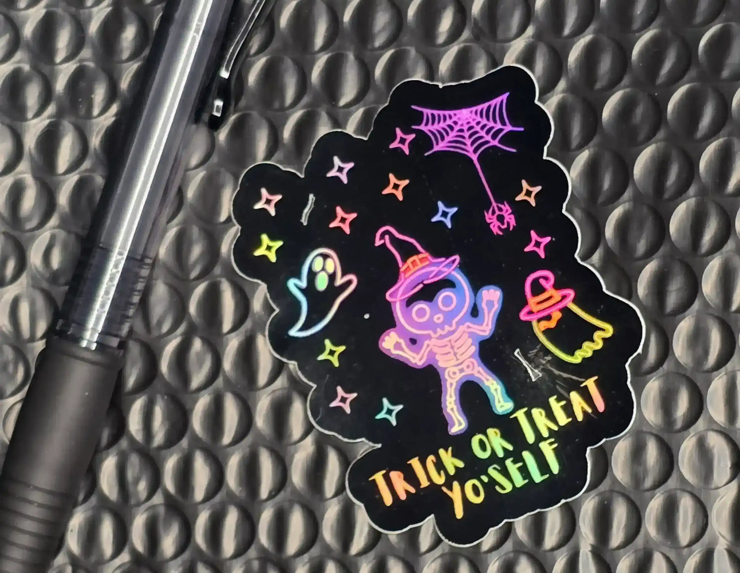 Trick or Treat Yo’self Sticker | Neon Halloween Skeleton | Holographic Option - Cady Creations