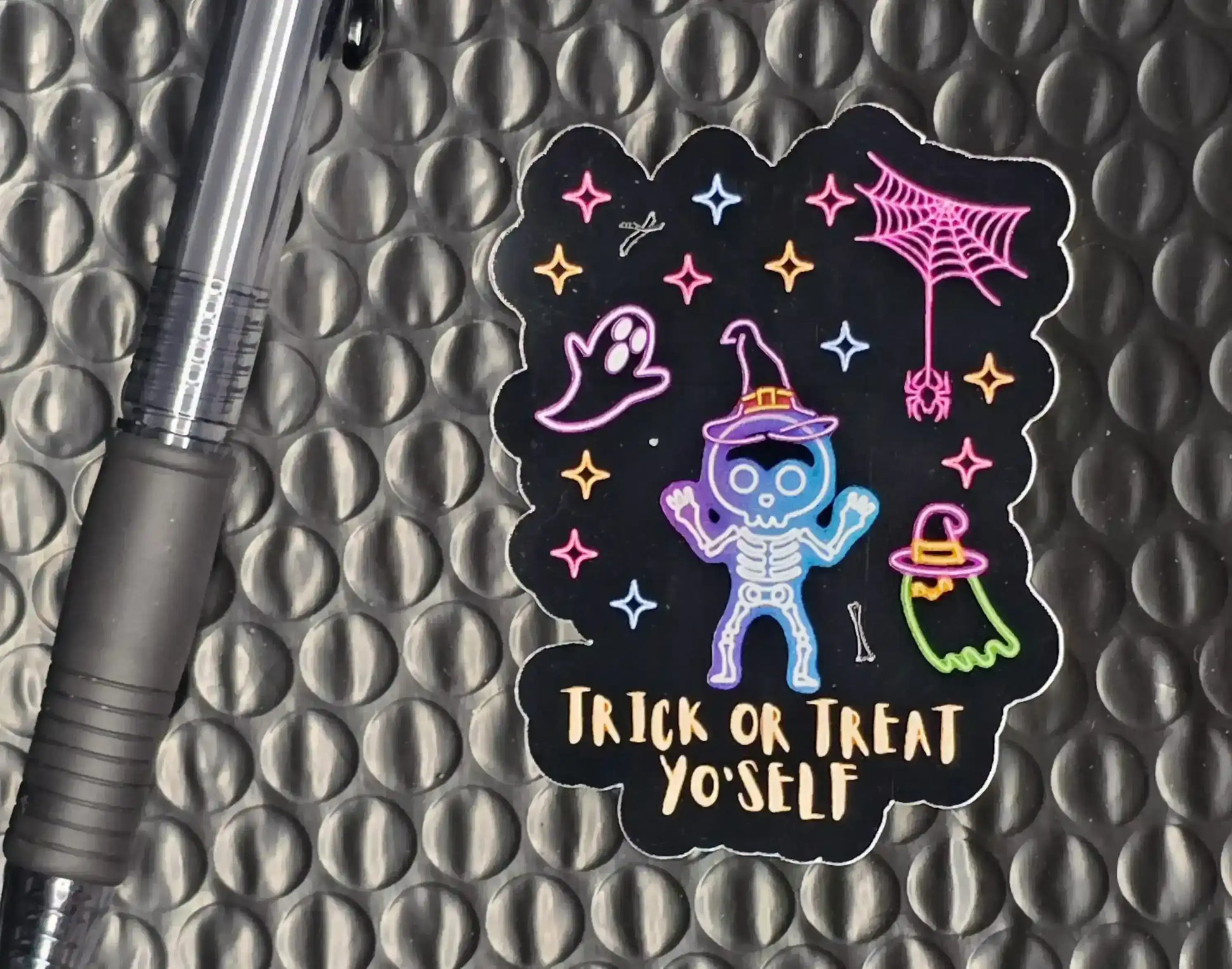 Trick or Treat Yo’self Sticker | Neon Halloween Skeleton | Holographic Option - Cady Creations