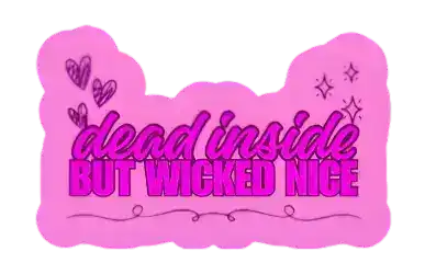 Pink decorative sign with text 'dead inside BUT WICKED NICE' on a white background