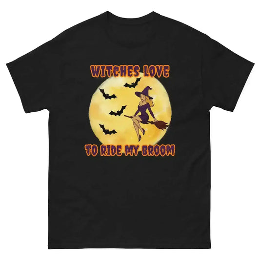 Witches Love To Ride My Broom Unisex Tee - Spooky Halloween Humor - Cady Creations