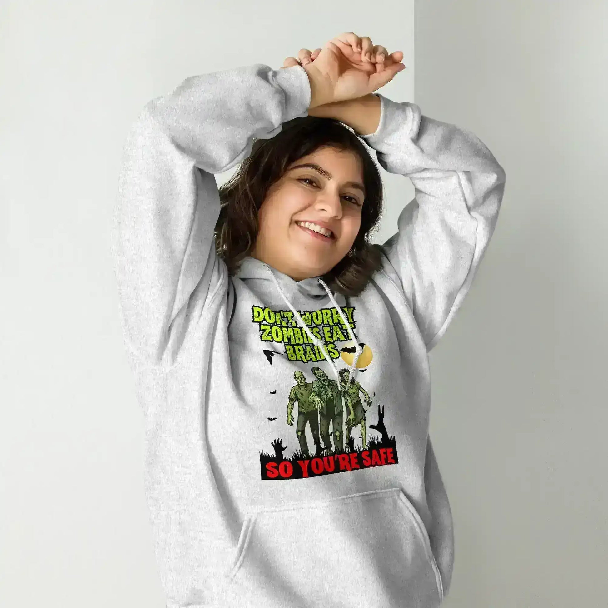 Don't Worry Zombies Eat Brains So You're Safe Pullover Hoodie - Halloween Insult Humor - Cady Creations
