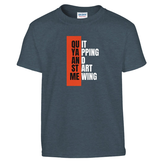 Graphic tee with "Quit yapping and start mewing" design in trendy text on a dark fabric.