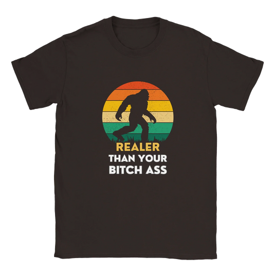 Bigfoot is Real graphic tee with humorous illustration and bold font.