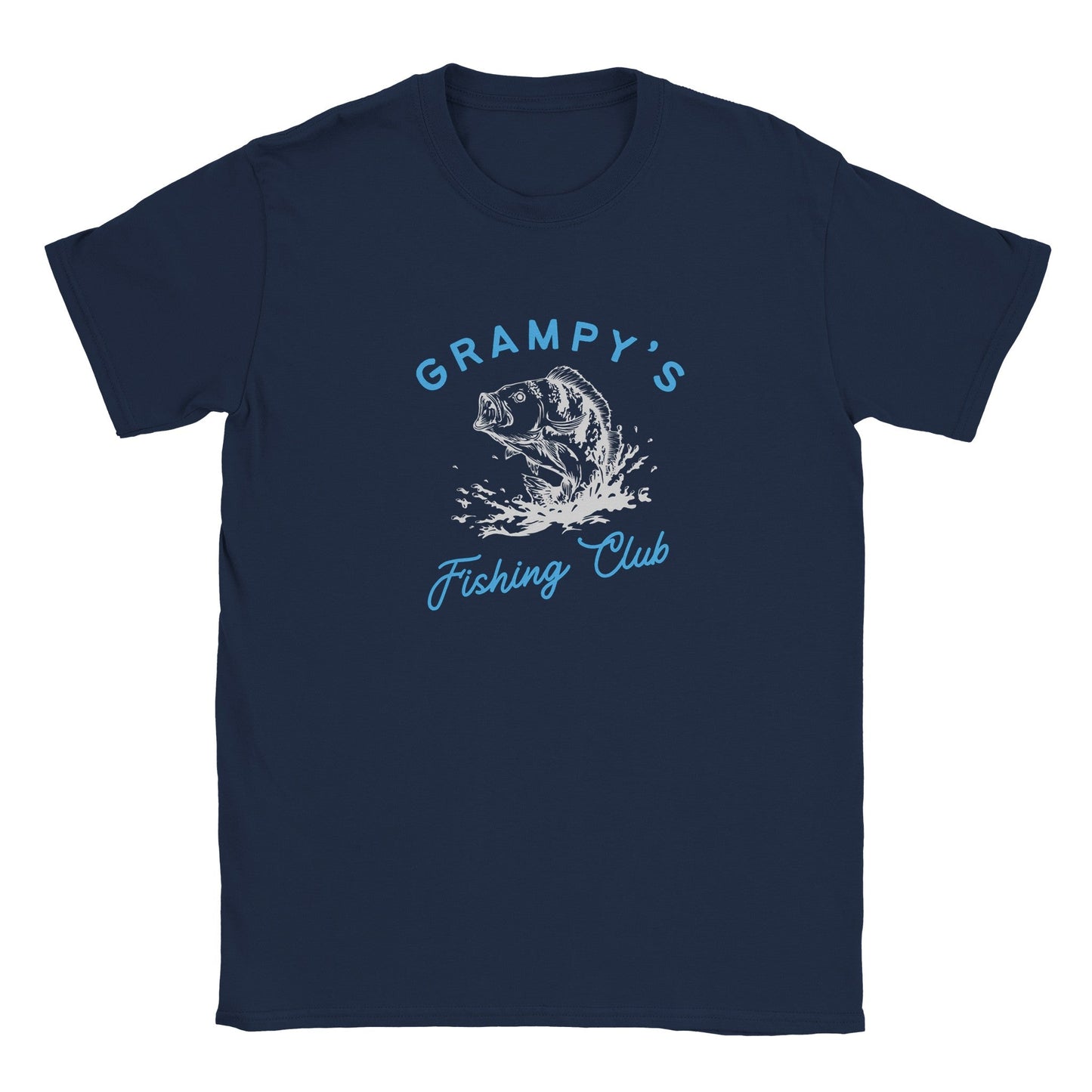 Navy blue graphic tee with "Grampy's Fishing Club" text and fish design.