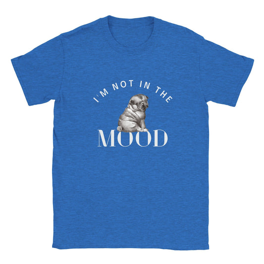 Blue graphic tee with "'I'm Not In The Mood'" slogan above a puppy image.