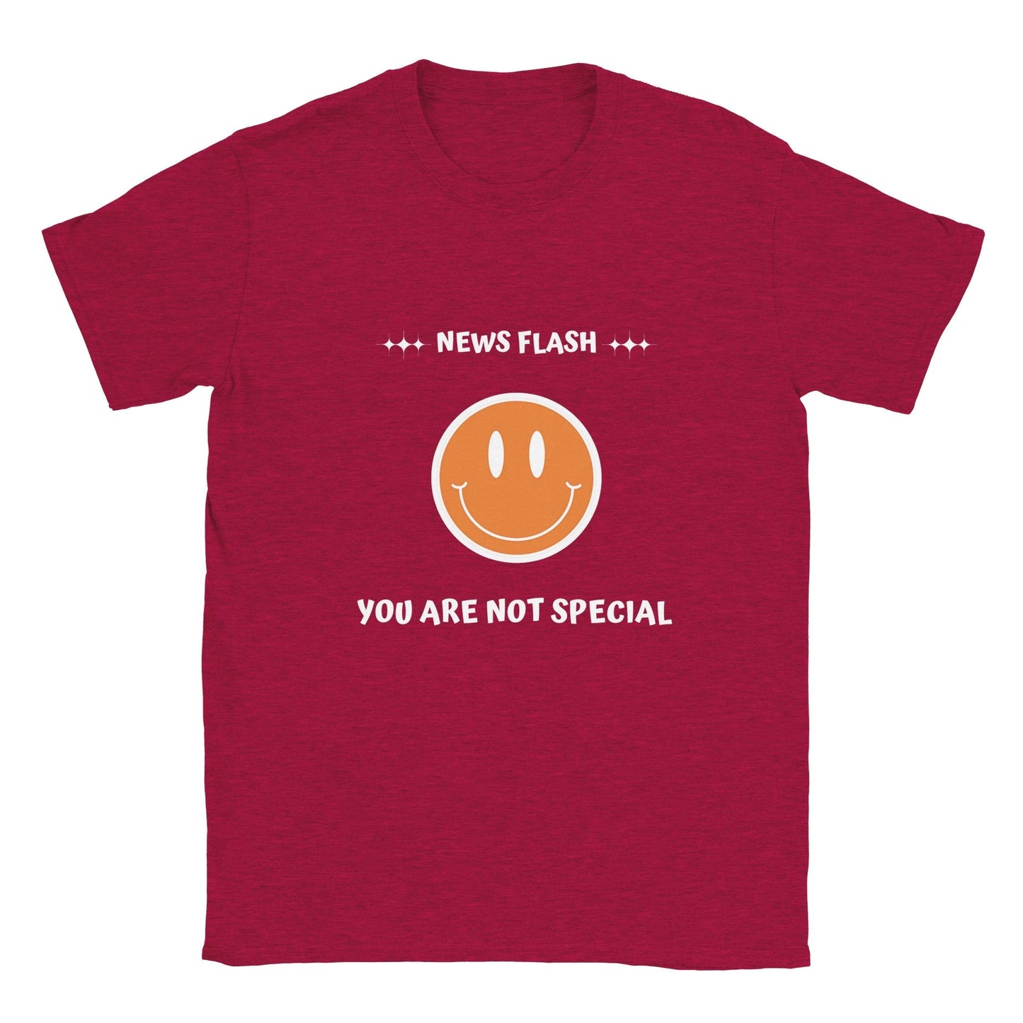 Red graphic tee with "News Flash You Are Not Special" and a smiley face design.