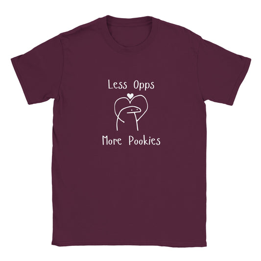 Adult graphic tee with "Less Opps, More Pookies" design, featuring fun and vibrant text to promote positivity and camaraderie.