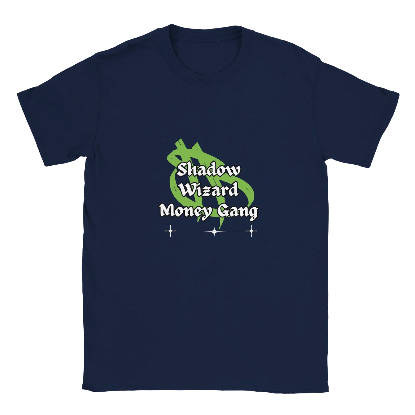 Shadow Wizard Money Gang graphic tee in navy blue with humorous fantasy text design.