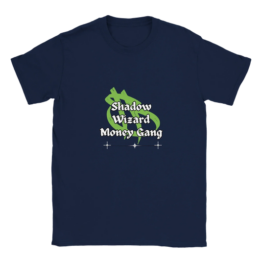 Shadow Wizard Money Gang graphic tee in navy blue with humorous fantasy text design.