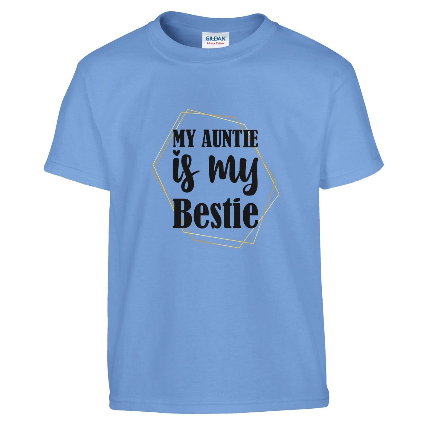 Kids blue tee with "My Auntie Is My Bestie" graphic design.