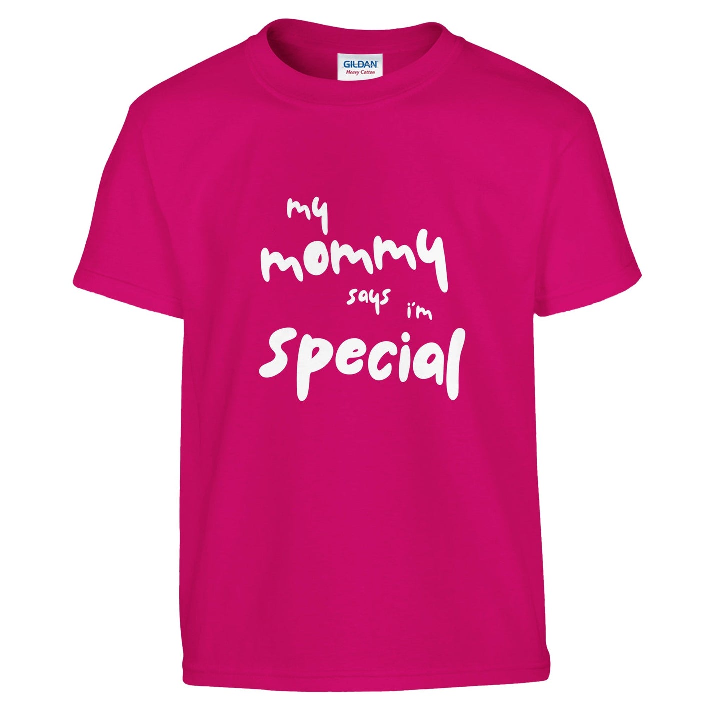 Youth graphic tee with "My mommy says I'm special" message in playful typography.