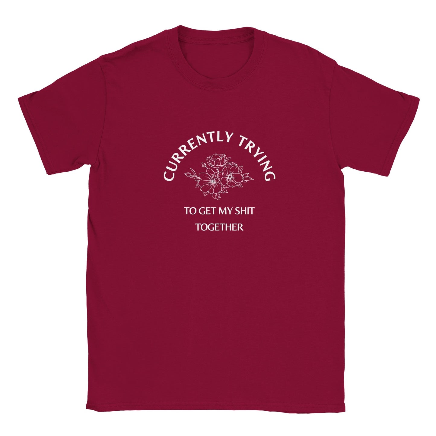 Red graphic tee with "Currently Trying to Get My Shyt Together" text.