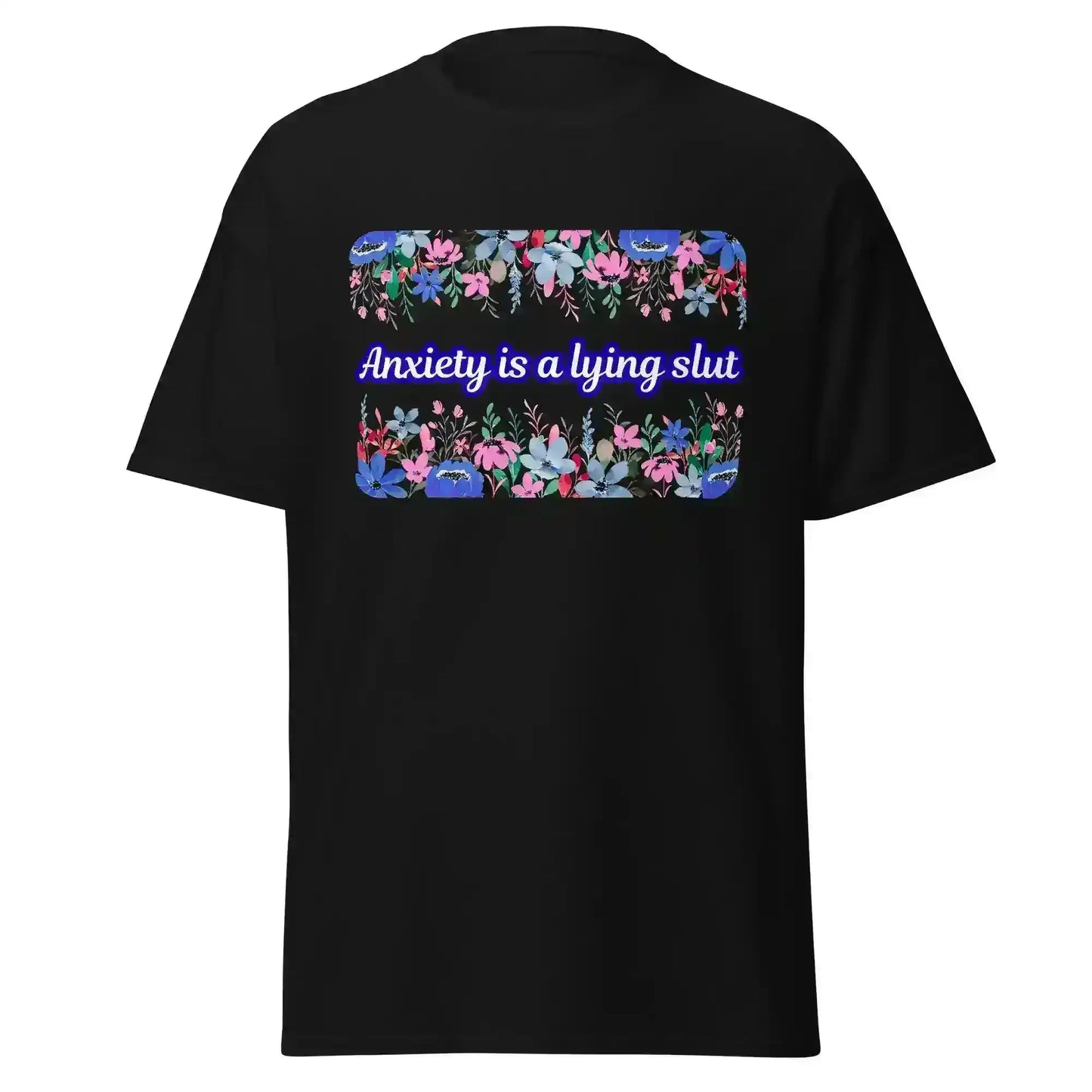 Unisex black graphic tee with floral border and bold mental health slogan from Cady Creations