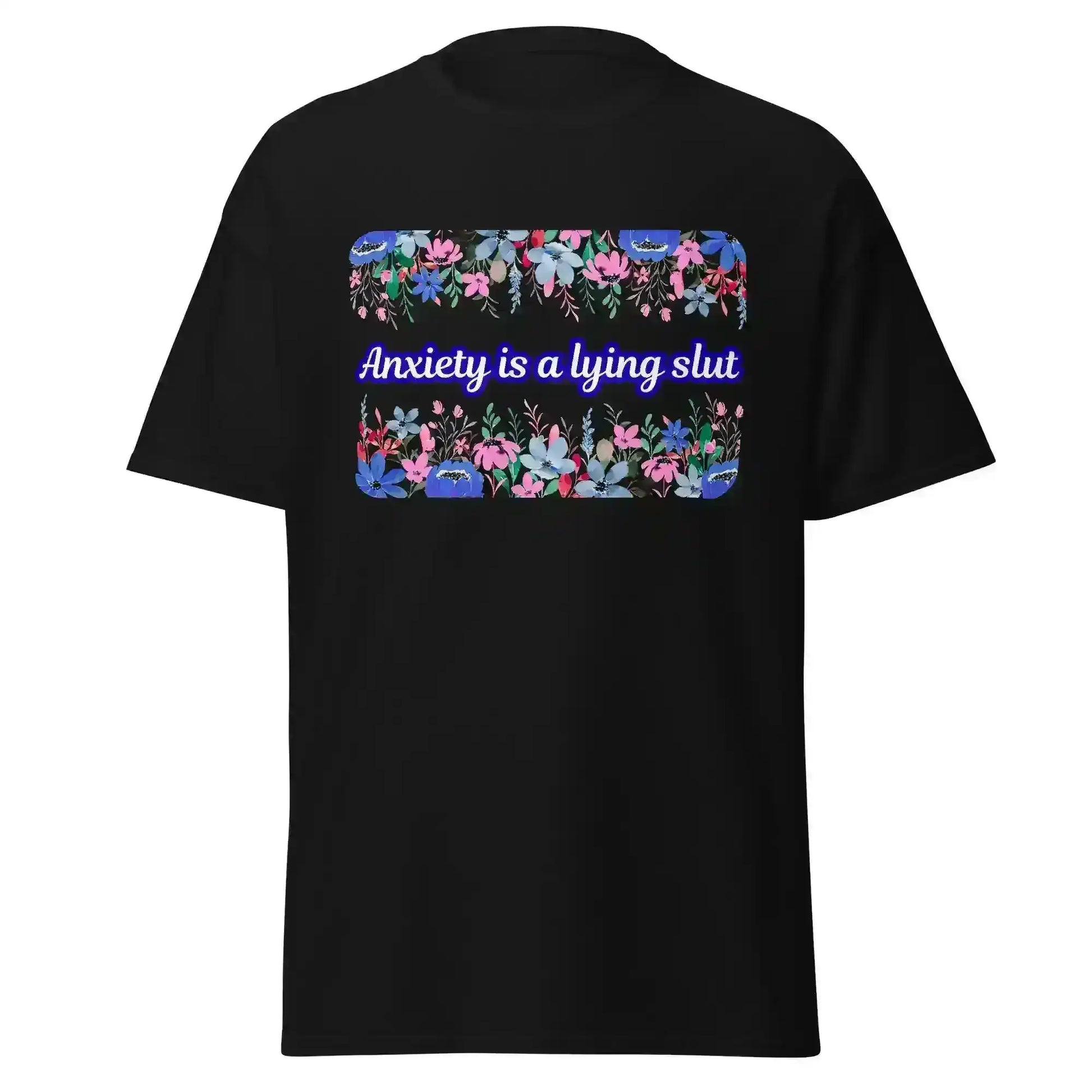 Unisex black graphic tee with floral border and bold mental health slogan from Cady Creations