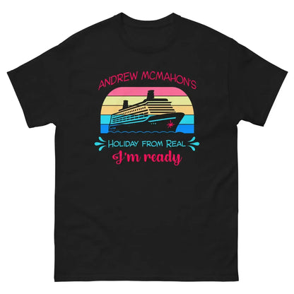 Unisex classic black tee with colorful cruise ship and retro sunset graphic, Cady Creations