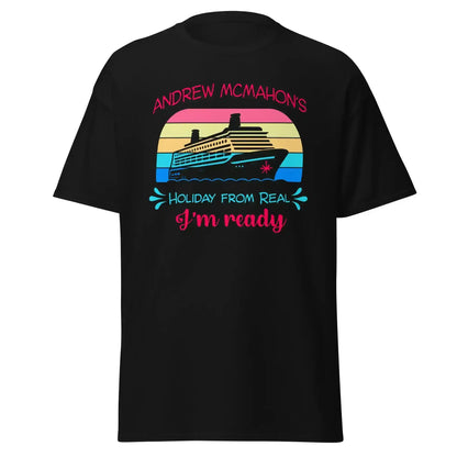 Unisex black graphic tee with cruise ship and retro stripes, 'Holiday From Real I'm ready' text
