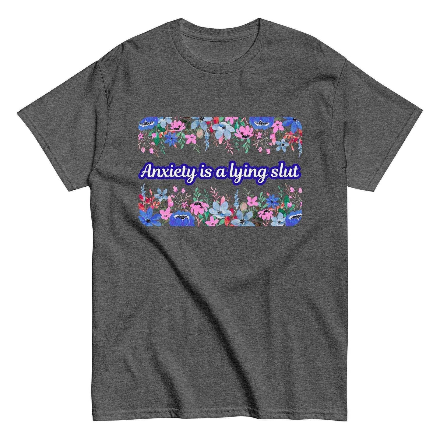 Dark heather unisex graphic tee with floral border and bold text, Cady Creations attitude shirt