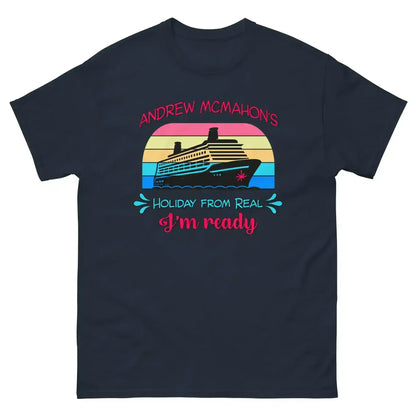 Navy graphic tee featuring a cruise ship and 'Holiday From Real I'm ready' text, Cady Creations.