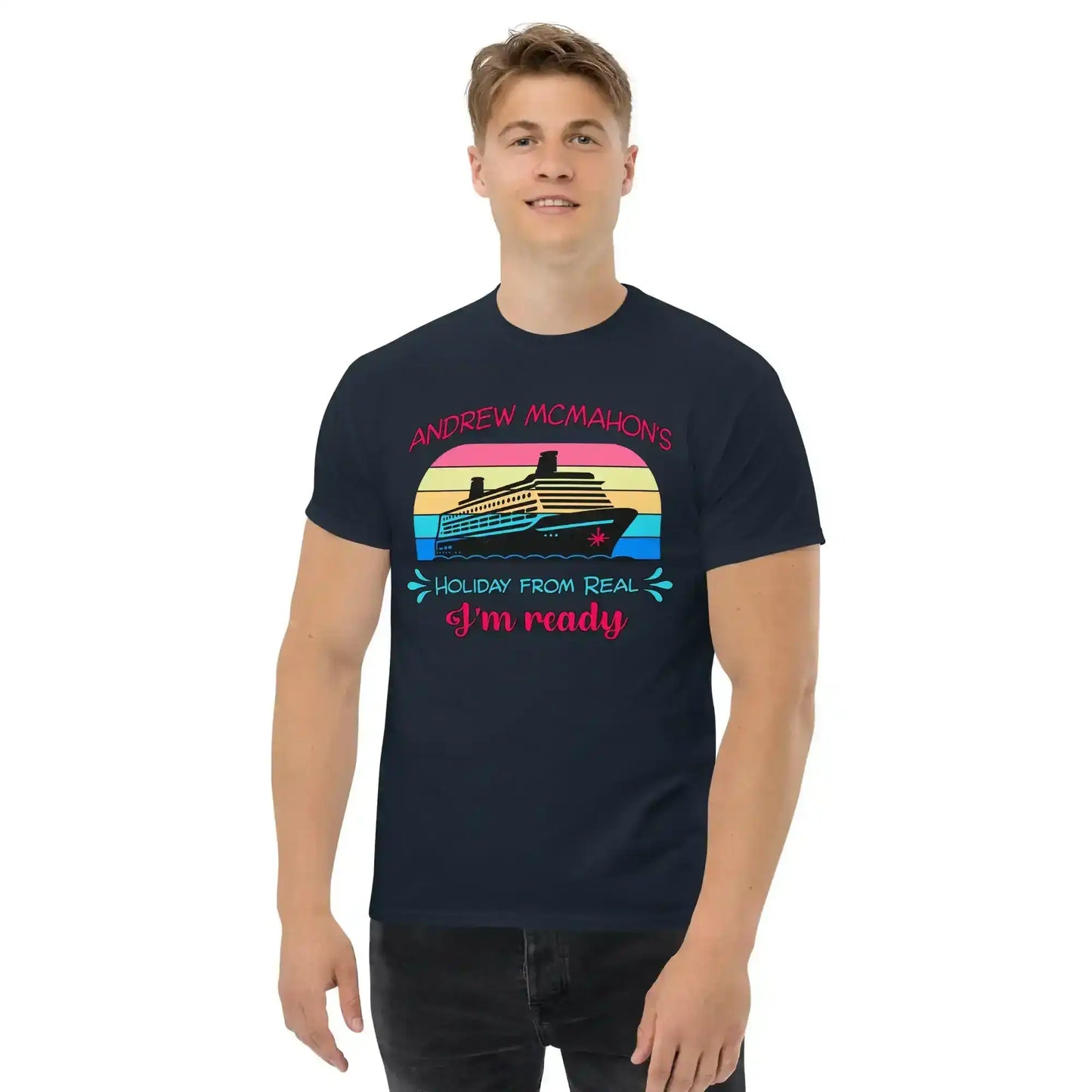 Unisex navy graphic tee with cruise ship, vintage sunset, and 'Holiday from Real I'm ready' text.