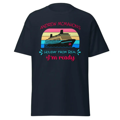 Navy unisex graphic tee with cruise ship and retro stripes, text reads 'Holiday from Real I’m ready'.