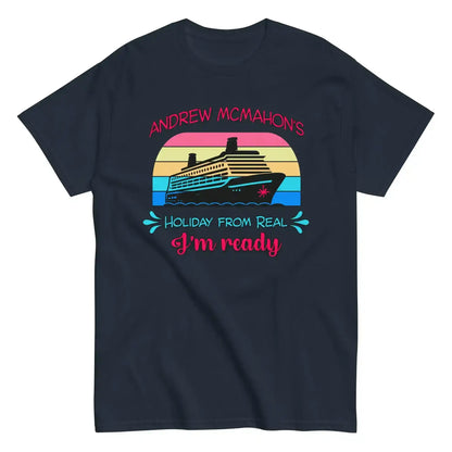 Navy unisex graphic tee with cruise ship, retro stripes, and 'Holiday From Real I'm ready' text.