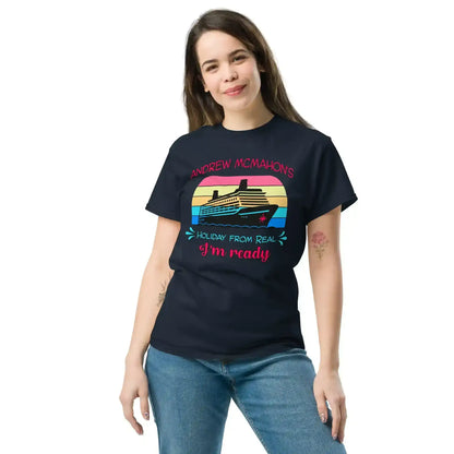 Woman wearing navy unisex graphic tee with vintage cruise ship and bold text design