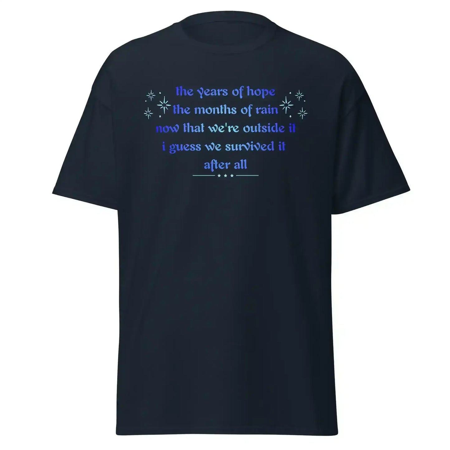 Navy unisex classic tee with blue inspirational text graphic by Cady Creations