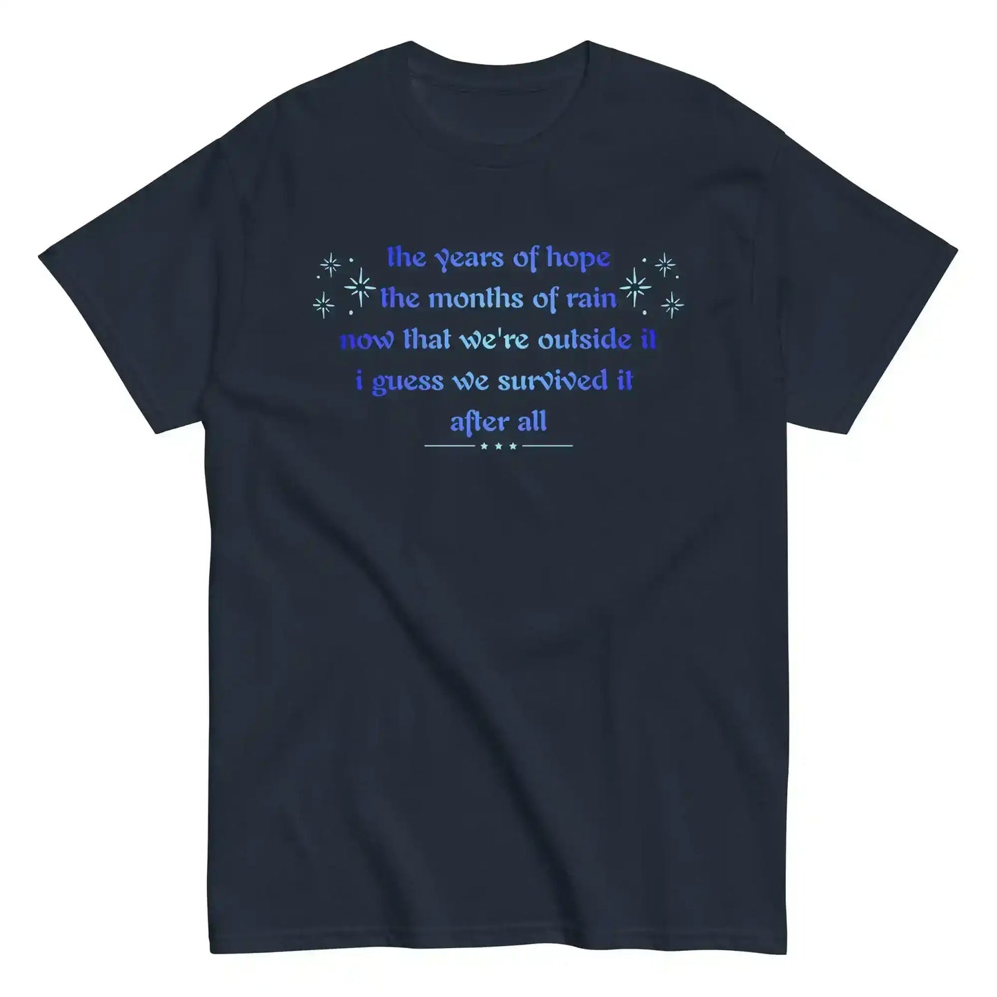 Unisex classic navy tee with poetic blue text and star accents, Cady Creations graphic shirt