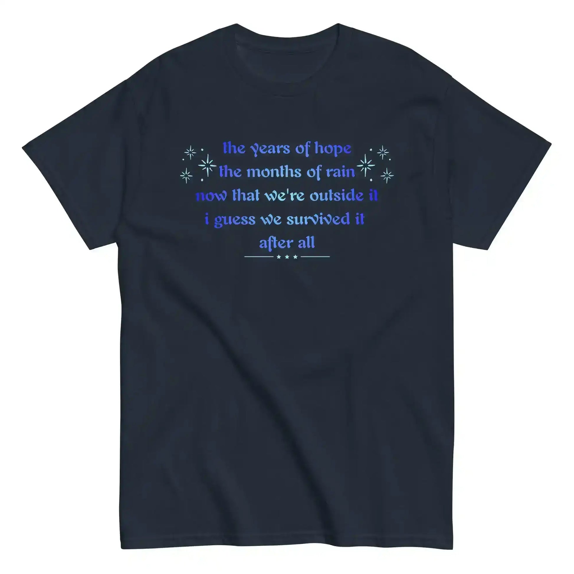 Unisex classic navy tee with poetic blue text and star accents, Cady Creations graphic shirt