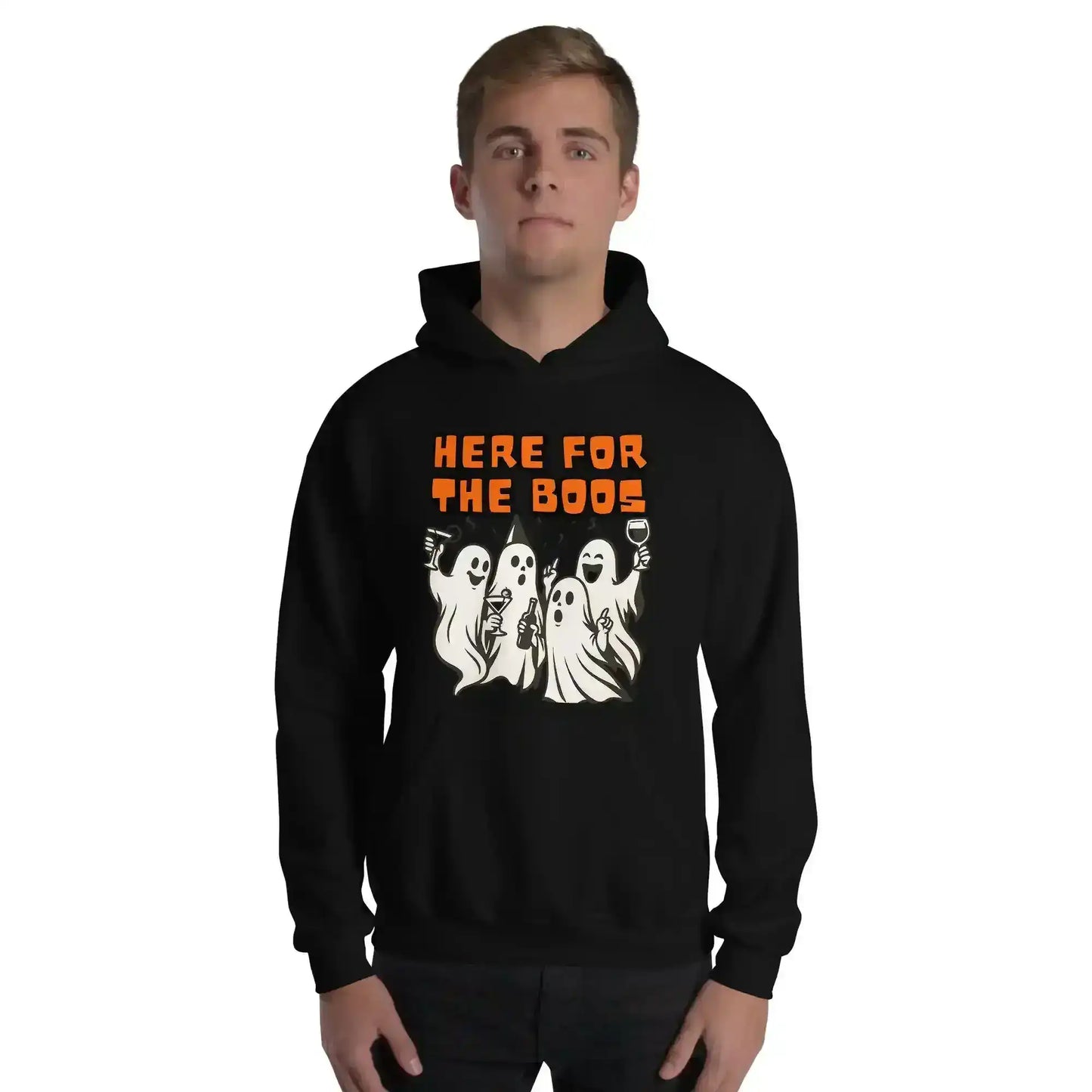 Here For The Boos Pullover Hoodie - Halloween Drinking Humor - Cady Creations