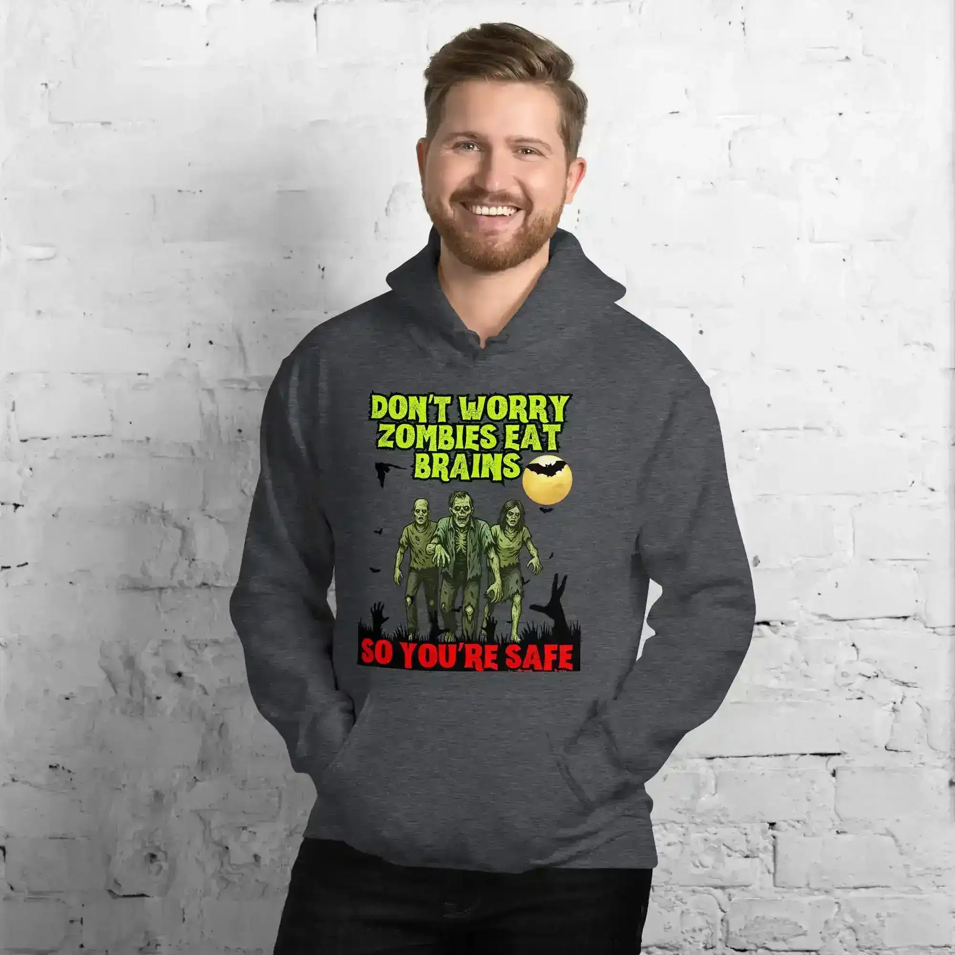 Don't Worry Zombies Eat Brains So You're Safe Pullover Hoodie - Halloween Insult Humor - Cady Creations
