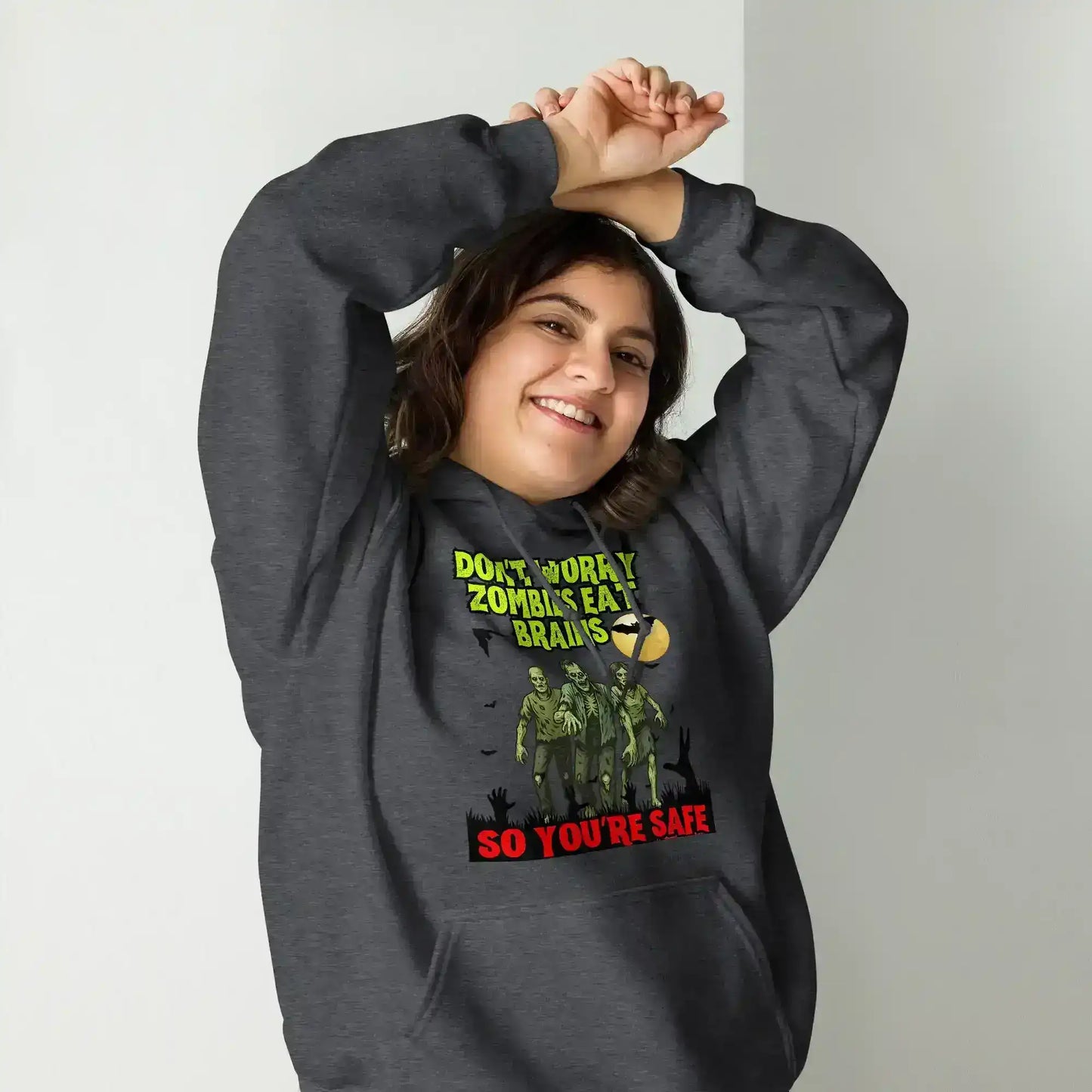 Don't Worry Zombies Eat Brains So You're Safe Pullover Hoodie - Halloween Insult Humor - Cady Creations