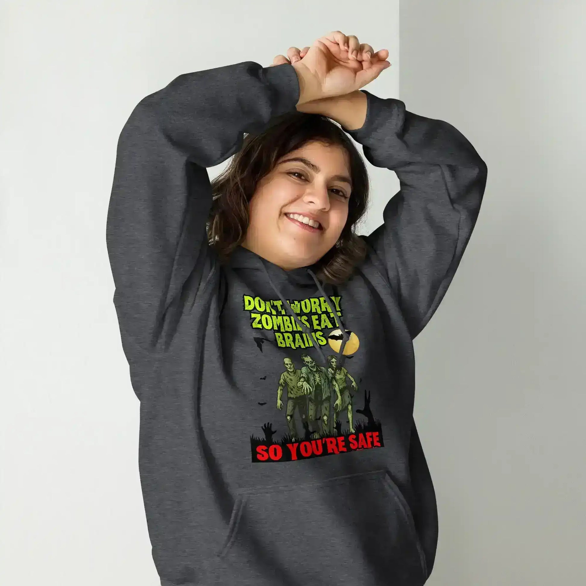 Don't Worry Zombies Eat Brains So You're Safe Pullover Hoodie - Halloween Insult Humor - Cady Creations
