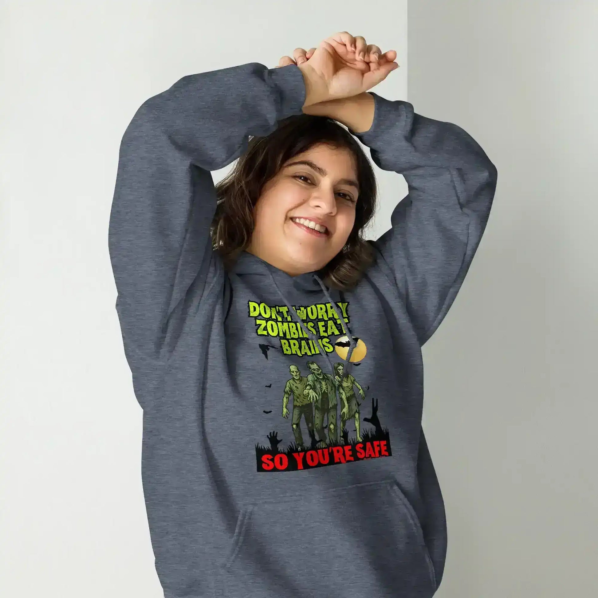 Don't Worry Zombies Eat Brains So You're Safe Pullover Hoodie - Halloween Insult Humor - Cady Creations
